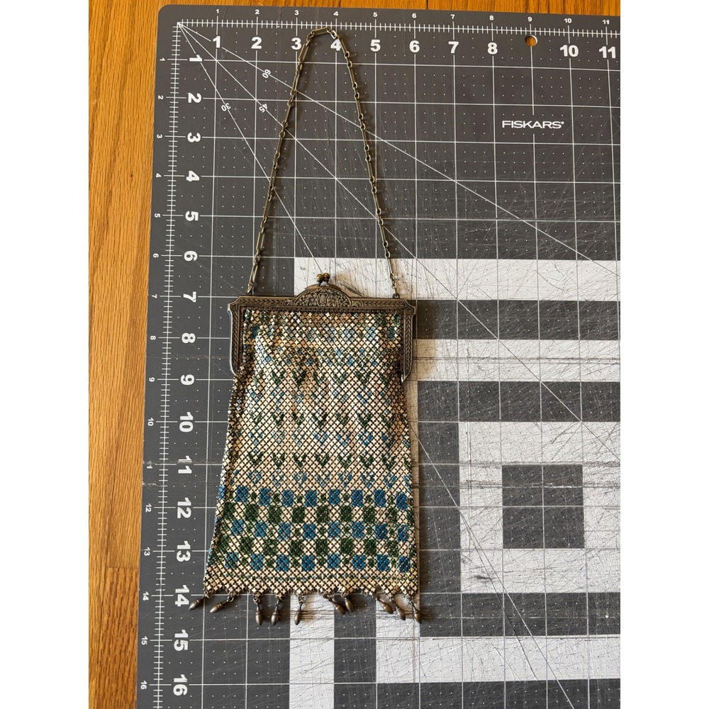 Antique Whiting & Davis Art Deco Mesh Evening Bag Blue Green Geometric Kiss Lock - Picture 5 of 5